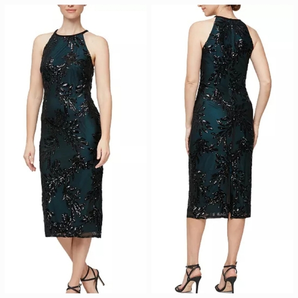 Alex & Eve Dresses & Skirts - NWOT Alex & Eve sequined razorback halter neck midi sheath floral dress sz 10